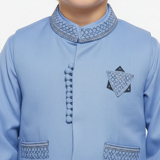 Boys Blue Kurta Shalwar with Waistcoat - Traditional Outfit 1-7Y