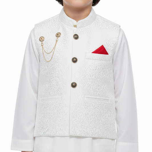 Boys White Kurta Shalwar with Waistcoat - Traditional Outfit 4-7Y