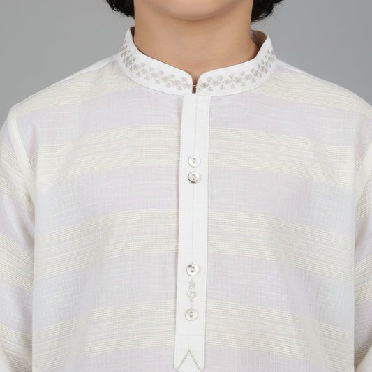 Boys Striped White Kurta Shalwar Law Cotton - Traditional Outfit 1-4Y