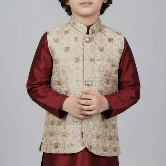 Boys Premium Golden Waistcoat Only - Elegant Party Wear 1-4Y