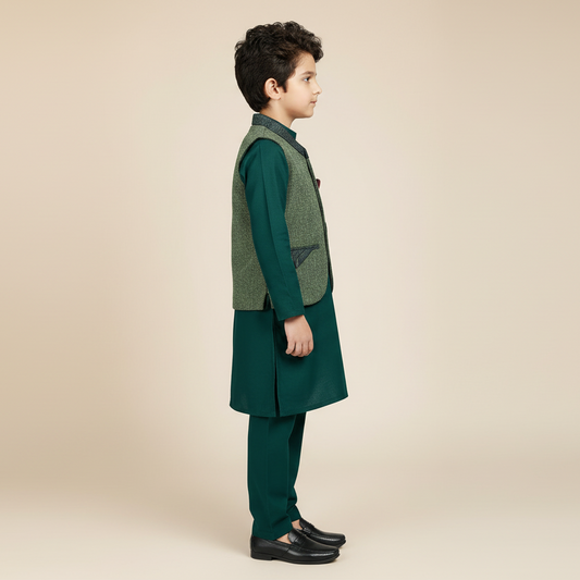 Boys Green Kurta Shalwar with Waistcoat - Premium 3-Piece Set