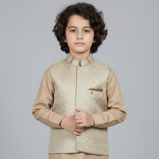 Boys Beige Kurta Shalwar with Waistcoat - Premium 3-Piece Set