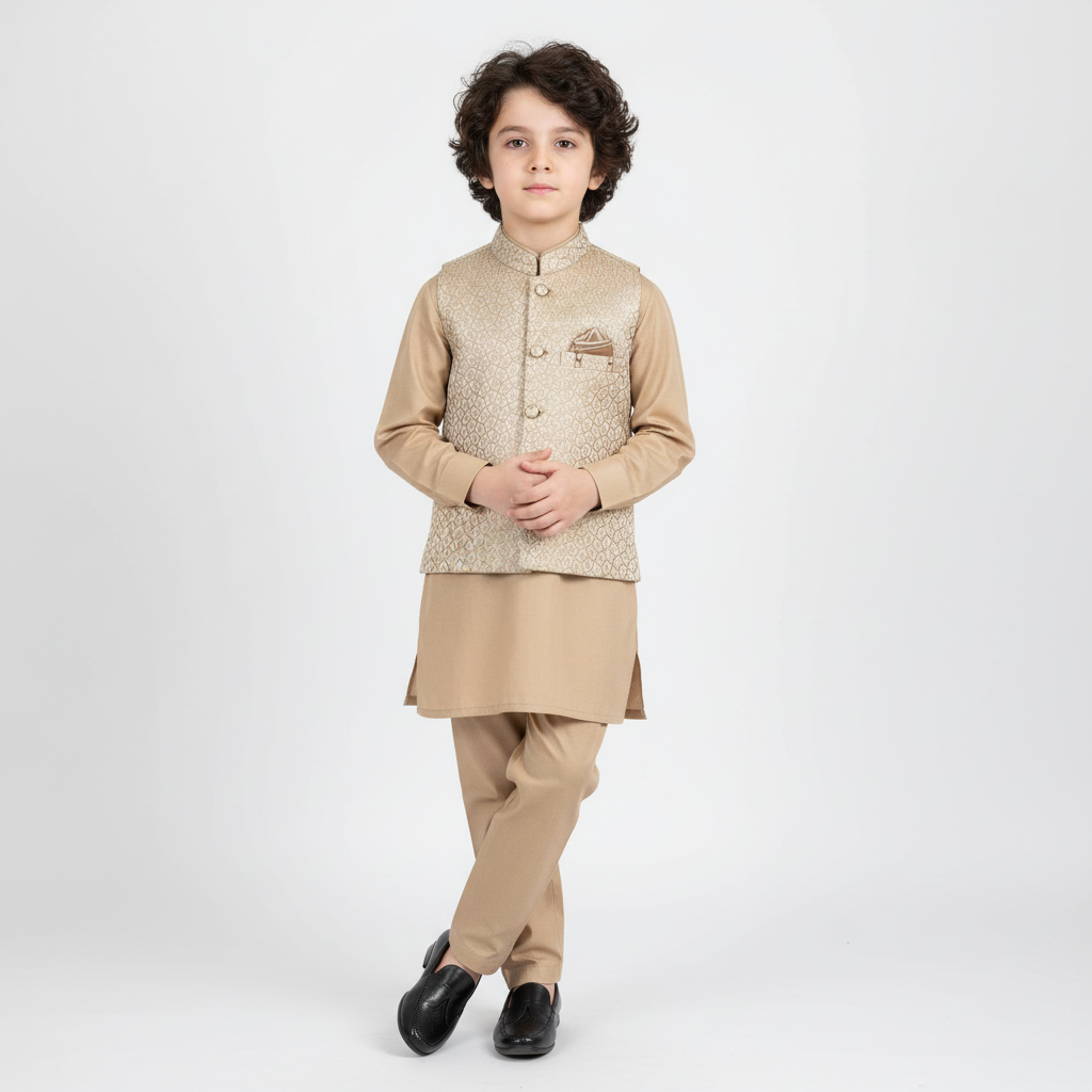 Boys Beige Kurta Shalwar with Waistcoat - Premium 3-Piece Set