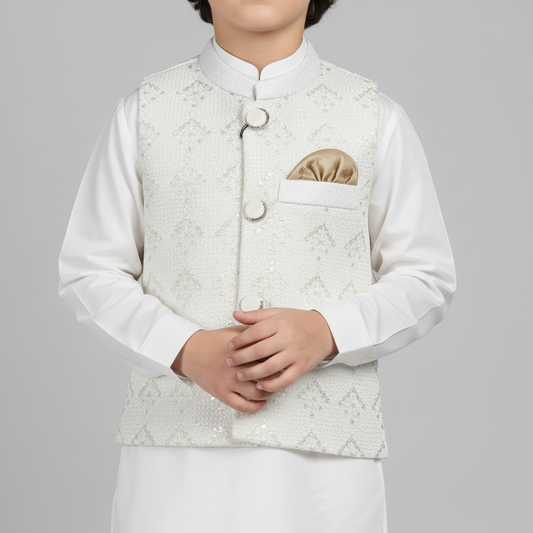Boys White Kurta Shalwar with Embroidery Waistcoat - Premium 3-Piece Set