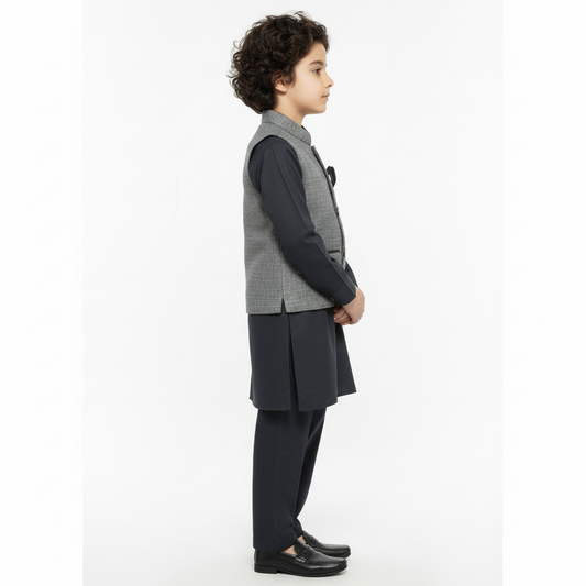 Boys Green Kurta Shalwar with Design Waistcoat - Premium 3-Piece Set