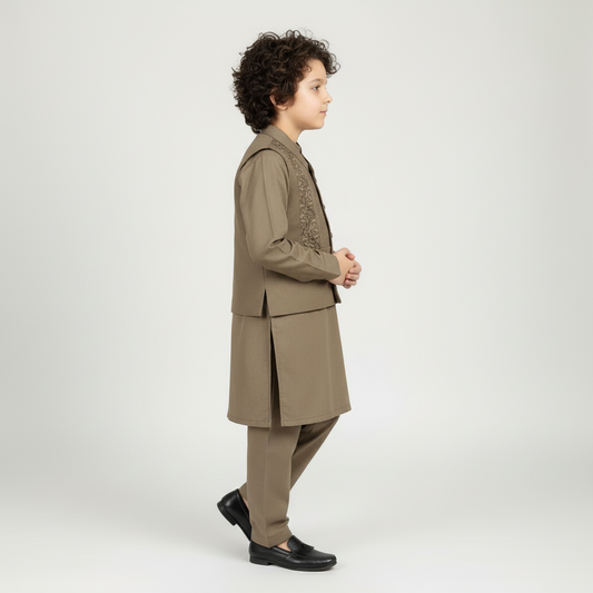 Boys Brown Kurta Shalwar with Stylish Waistcoat - Premium 3-Piece Set
