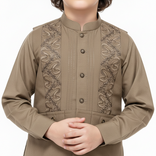 Boys Brown Kurta Shalwar with Embroidery Waistcoat - Premium 3-Piece Set