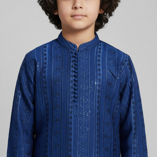 Boys Blue Party Wear Kurta Shalwar with Heavy Embroidery - Premium Set