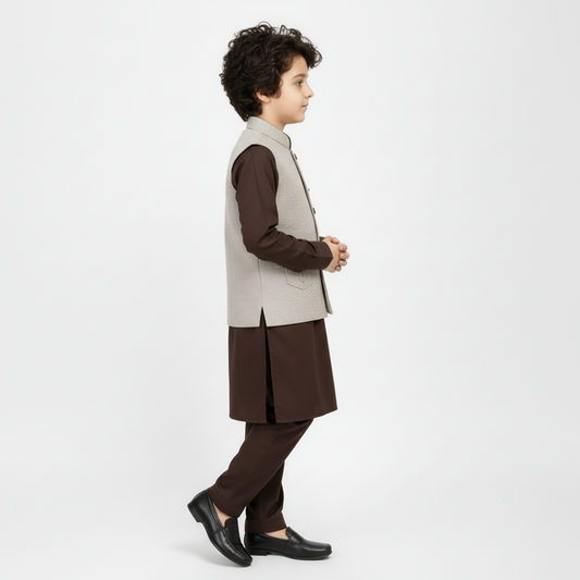 Boys Brown Kurta Shalwar with Design Waistcoat - Premium 3-Piece Set