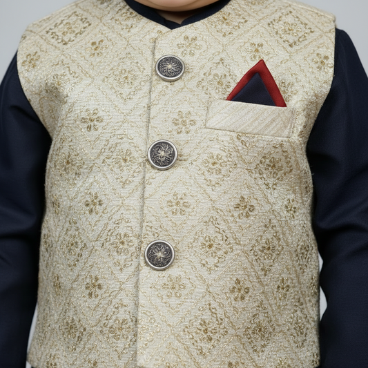 Baby Black Kurta Shalwar with Golden Embroidery Waistcoat - 3-6 Months