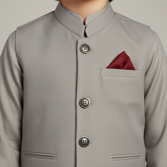 Boys Gray Kurta Shalwar with Plain Waistcoat - Premium 3-Piece Set