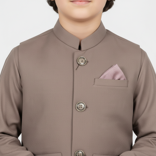 Boys Brown Kurta Shalwar with Plain Waistcoat - Premium 3-Piece Set