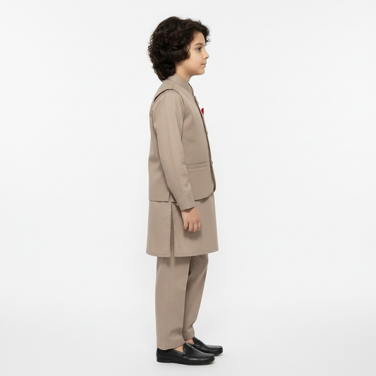 Boys Light Brown Kurta Shalwar with Plain Waistcoat - Premium 3-Piece Se