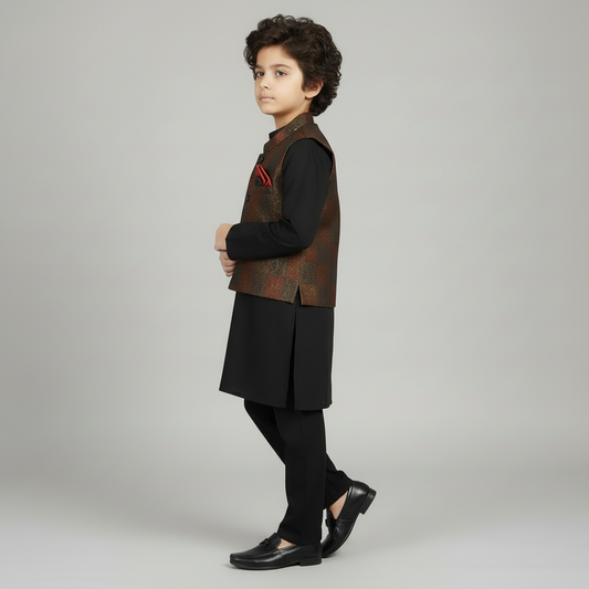 Boys Premium Kurta Shalwar with Fancy Maroon Waistcoat - Traditional Outfit 1-7Y