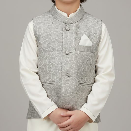 Boys White Kurta Shalwar with Gray Waistcoat - Premium 3-Piece Set