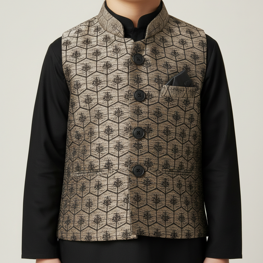 Boys Black Kurta Shalwar with Chocolate Waistcoat - Premium 3-Piece Set