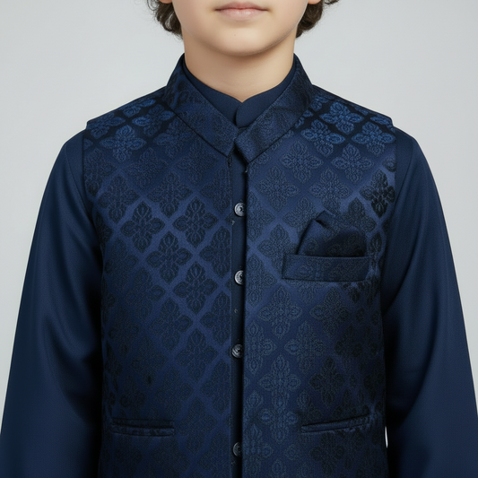 Boys Zinc Blue Kurta Shalwar with Embroidery Waistcoat - Premium 3-Piece Set