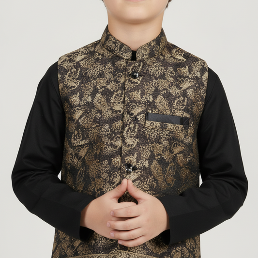 Boys Black Kurta Shalwar with Geometric Waistcoat - Premium 3-Piece Set