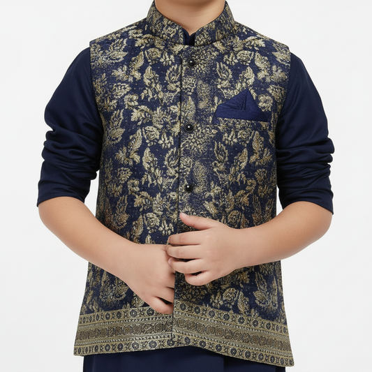 Boys Blue Kurta Shalwar with Geometric Waistcoat - Premium 3-Piece Set