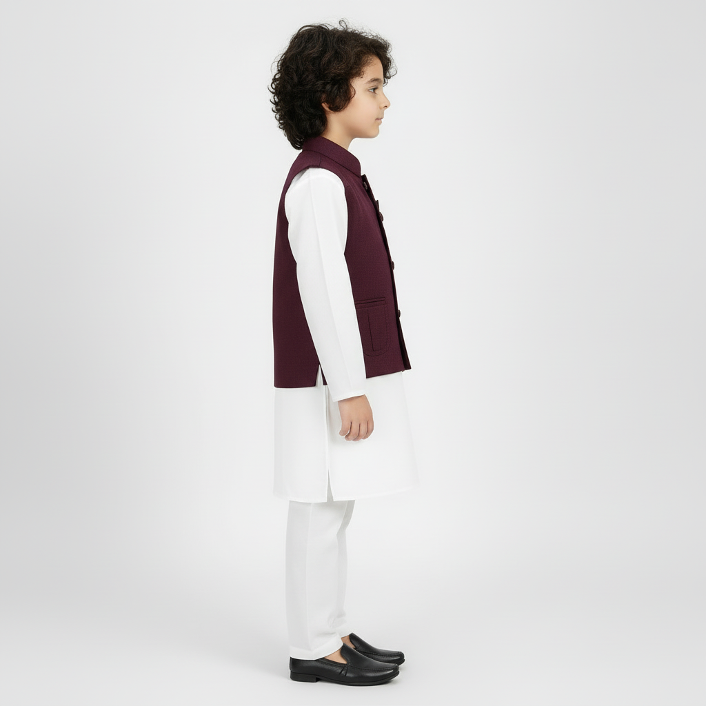 Boys White Kurta Shalwar with Maroon Waistcoat - Premium 3-Piece Set