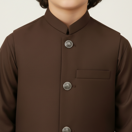Boys Dark Brown Kurta Shalwar with Plain Waistcoat - Premium 3-Piece Set