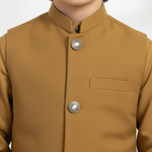Camel brown boys 3-piece kurta shalwar waistcoat set