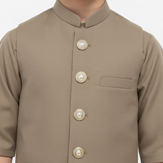 Boys Brown Kurta Shalwar with Matching Waistcoat - Premium 3-Piece Set