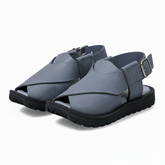 Gray textured Peshawari Kaptaan chappal for kids