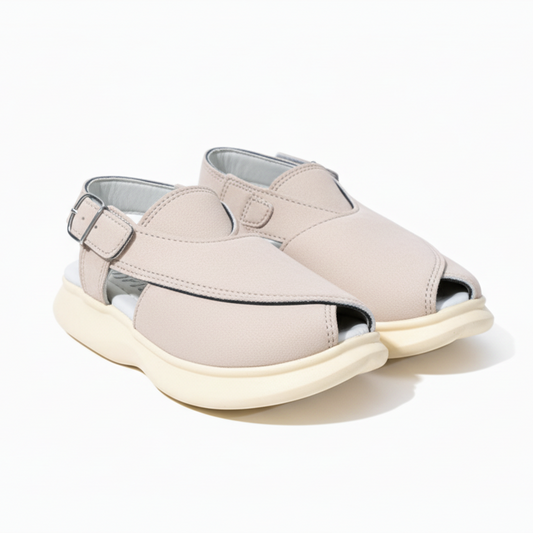 Pair of light gray sandals with a buckle on a white background