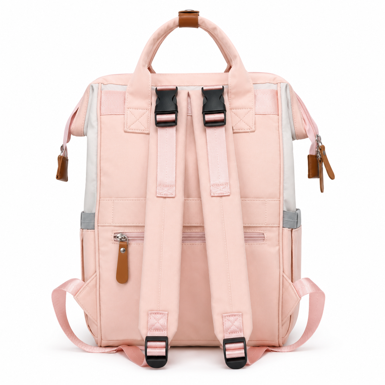 Pink baby diaper backpack back view product photo on white background