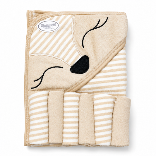 Beige animal baby hooded towel wrap on white background