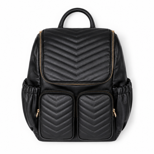 Black quilted mother and baby diaper backpack front view