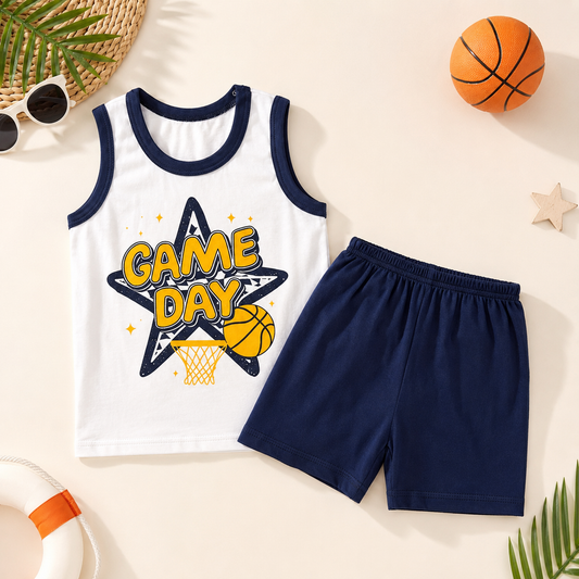 Kids game day sleeveless shirt and shorts set styled flat lay