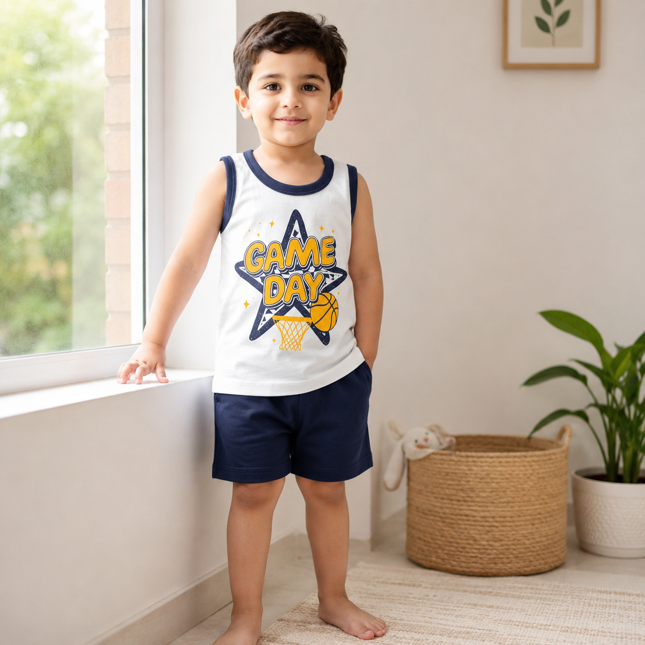 Pakistani child wearing kids game day sleeveless shirt and shorts set near window