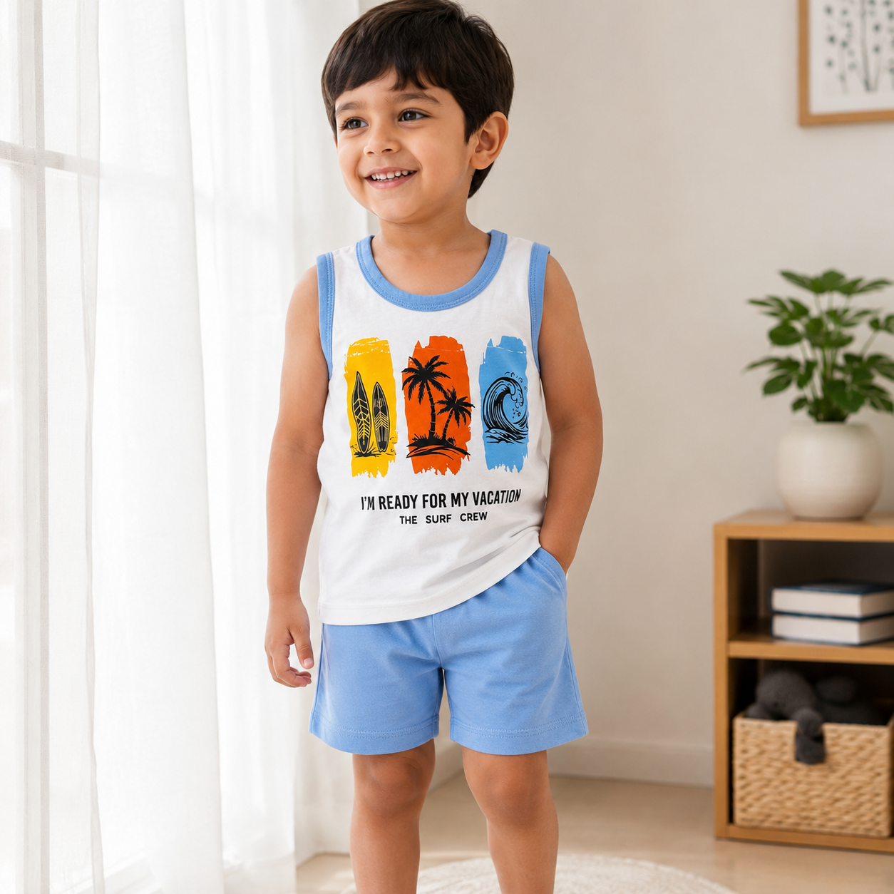 Pakistani child wearing kids vacation surf sleeveless shirt and shorts set near window
