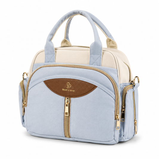 Mom’s Love blue and cream baby diaper carry bag angled view