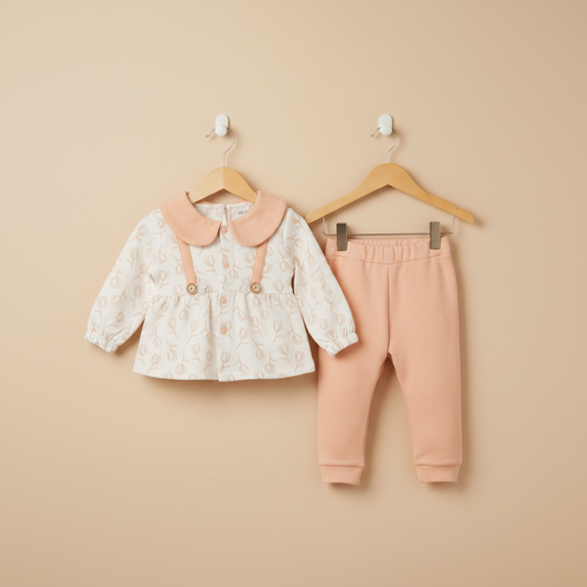 Baby outfit with lace top and pink pants on a beige background