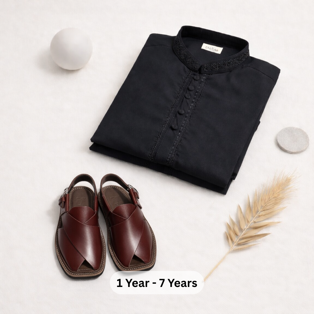 Eid Bundle - Boys Black Kurta Shalwar with Peshawari Sandal