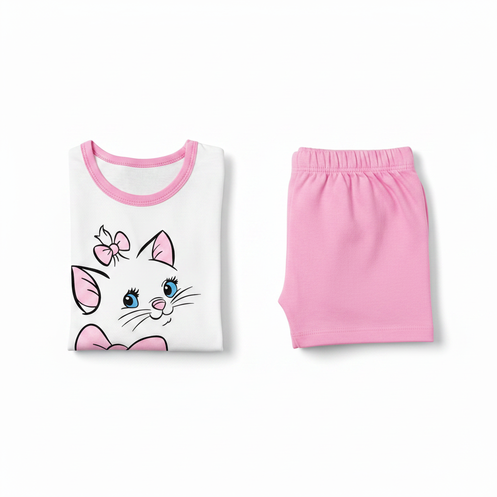 Kids Kitty Design Sleeveless Shirt & Shorts Set – Sweet Cat Print for Girls 1–5Y
