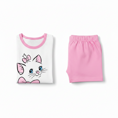 Kids Kitty Design Sleeveless Shirt & Shorts Set – Sweet Cat Print for Girls 1–5Y