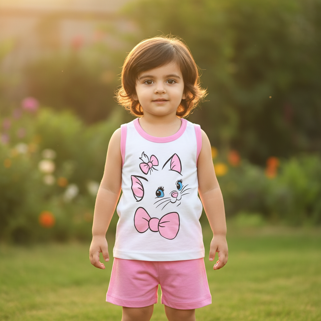 Kids Kitty Design Sleeveless Shirt & Shorts Set – Sweet Cat Print for Girls 1–5Y