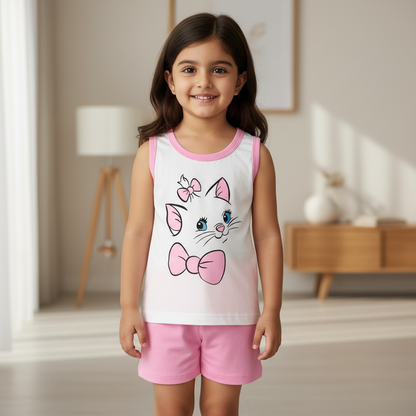 Kids Kitty Design Sleeveless Shirt & Shorts Set – Sweet Cat Print for Girls 1–5Y