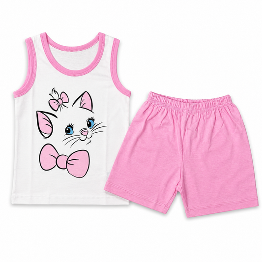 Kids Kitty Design Sleeveless Shirt & Shorts Set – Sweet Cat Print for Girls 1–5Y