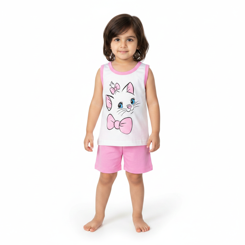 Kids Kitty Design Sleeveless Shirt & Shorts Set – Sweet Cat Print for Girls 1–5Y