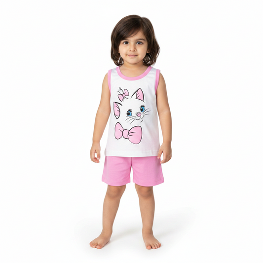 Kids Kitty Design Sleeveless Shirt & Shorts Set – Sweet Cat Print for Girls 1–5Y