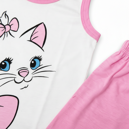 Kids Kitty Design Sleeveless Shirt & Shorts Set – Sweet Cat Print for Girls 1–5Y