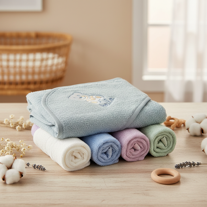 Baby Hooded Towel Set with 4 Face Towels - Soft Cotton Bath Time Bundle for Newborns & Infants
