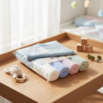 Baby Hooded Towel Set with 4 Face Towels - Soft Cotton Bath Time Bundle for Newborns & Infants
