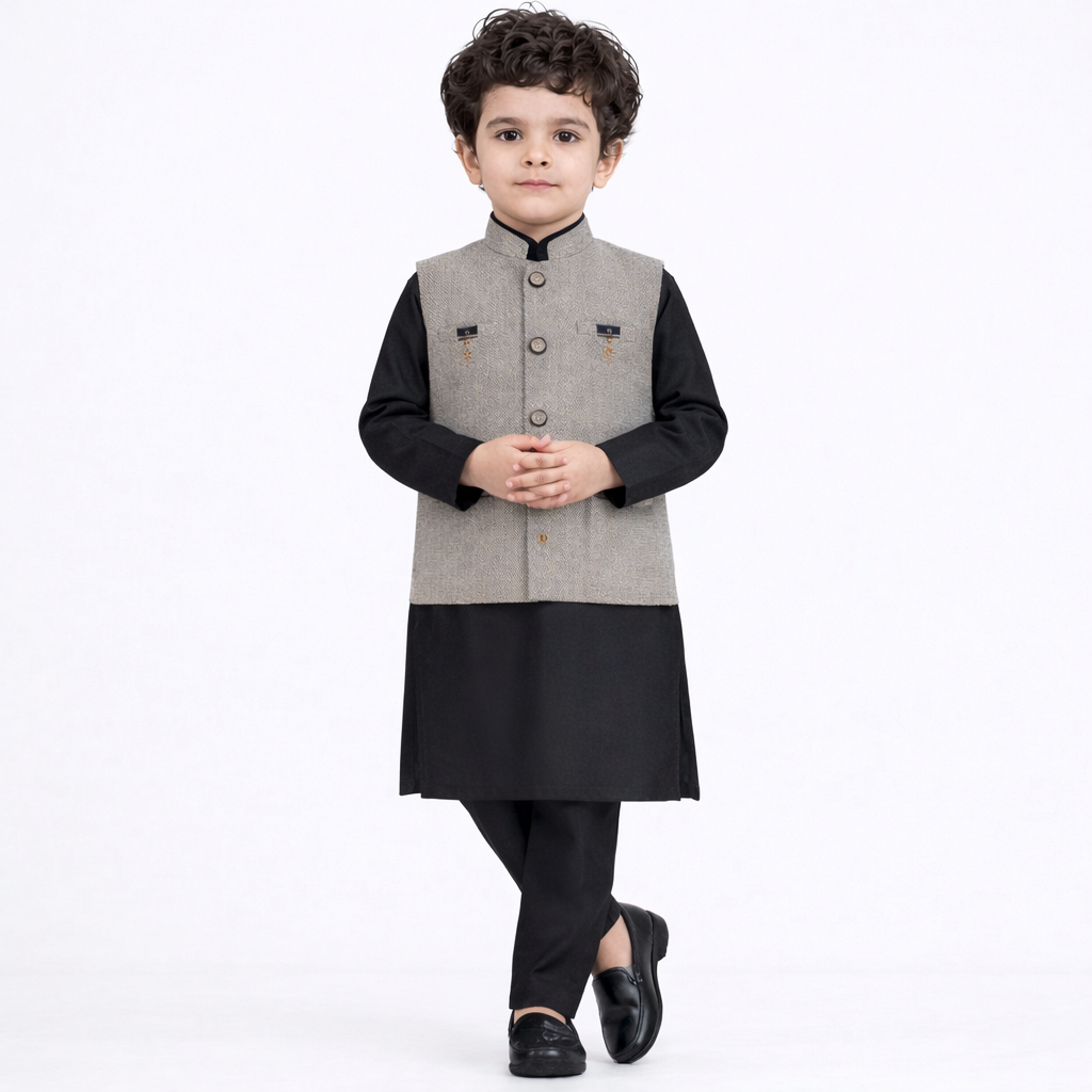 Boys 3-Piece Waistcoat Kurta Shalwar - Premium Traditional Outfit 1-4Y
