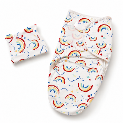 Newborn Baby Swaddle Wrap with Matching Cap – Rainbow Clouds Print | Soft & Breathable